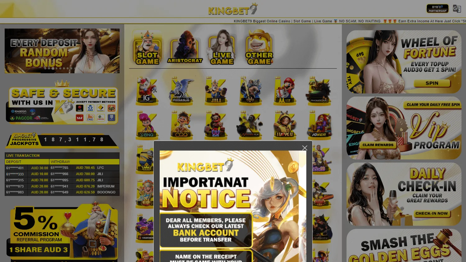 Kingbet9 Casino games catalogue on desktop