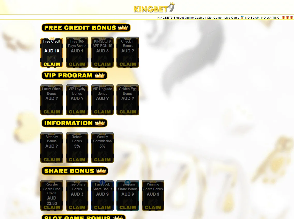 Kingbet9 Casino promotions area on desktop